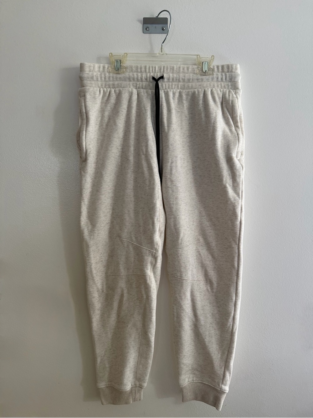 Fabletics Men's Light Heather Cream Jogger Pants with Black Drawstring